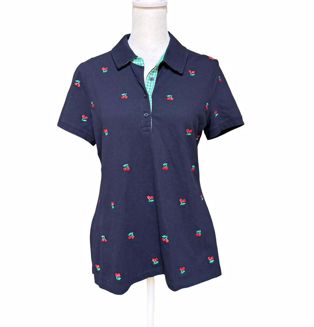 Talbots Petites Navy Cherry Embroidered Polo Shirt Short Sleeve Stretch Knit